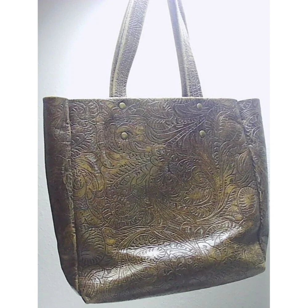 Vtg Handcrafted Embossed Tooled Leather Tote Bag Brown 10x5x10